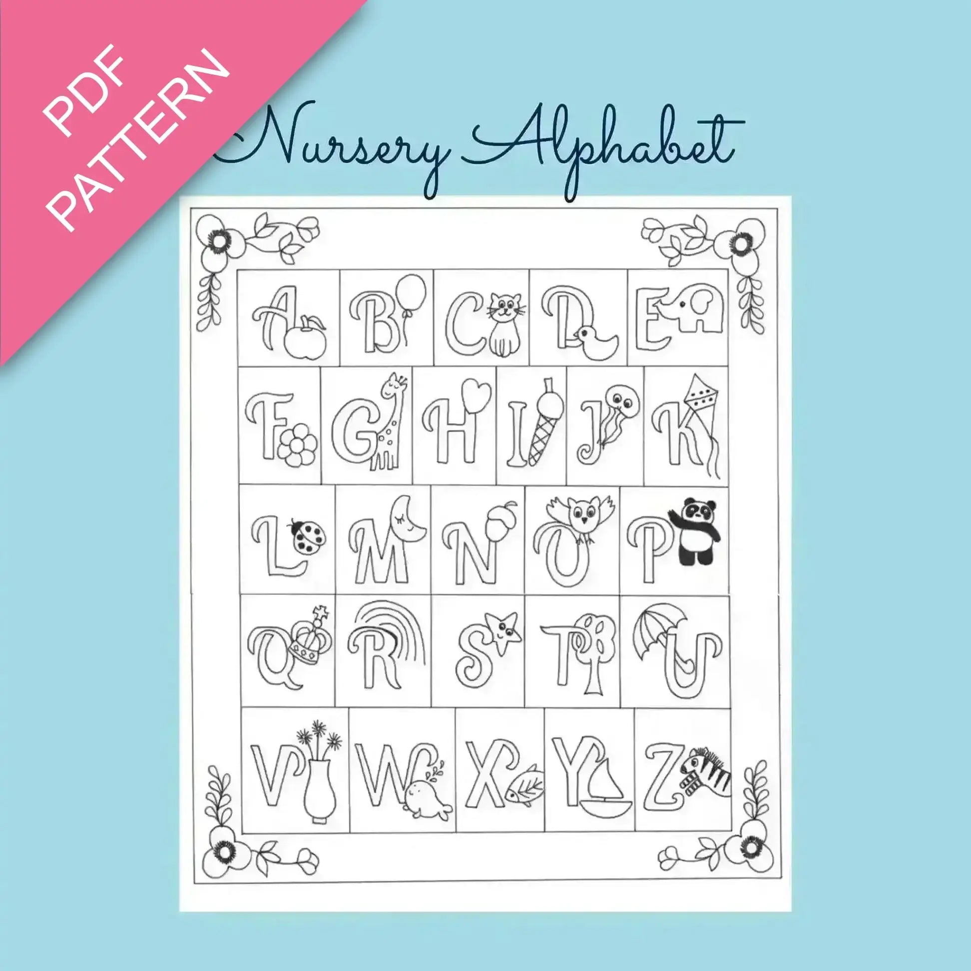 Nursery alphabet coloring sheet with decorative elements on a blue background