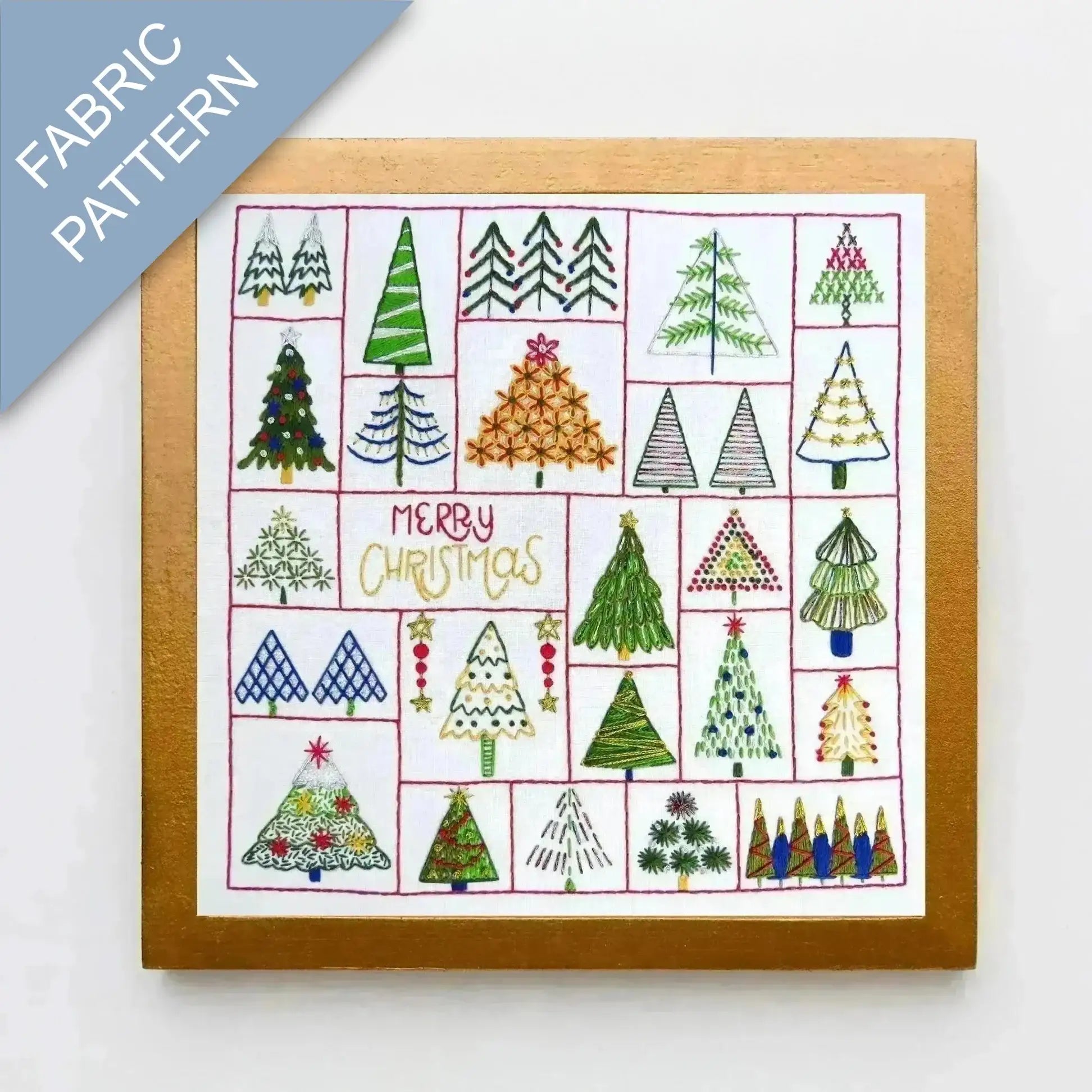Fabric pattern with Christmas tree designs and 'Merry Christmas' text on a white background.