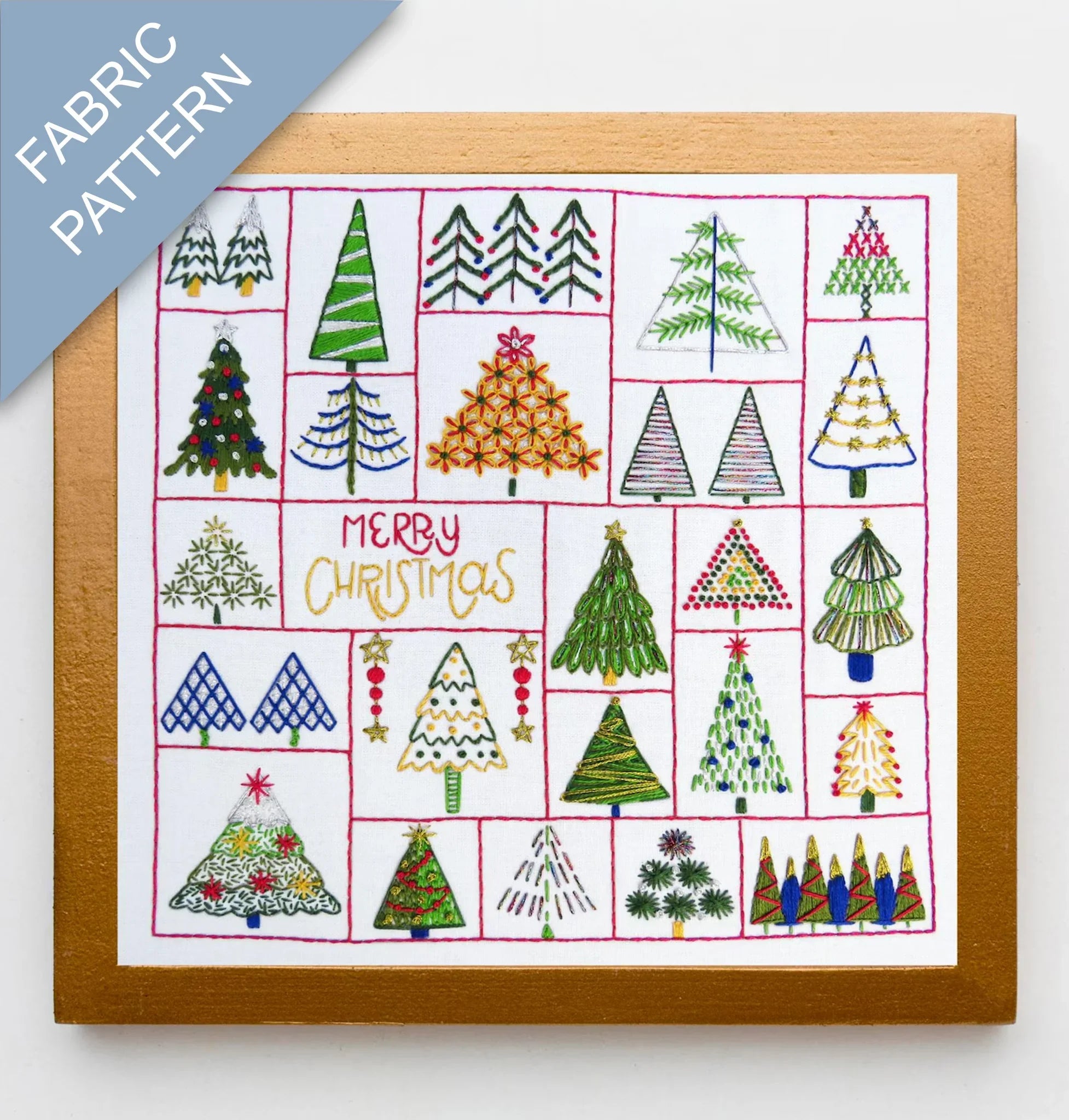 Fabric pattern with Christmas tree designs and 'Merry Christmas' text on a white background.