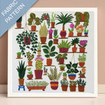 Fabric pattern with various potted plants on shelves
