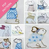 Collage of embroidered rabbits in various outfits with a pink PDF pattern label.