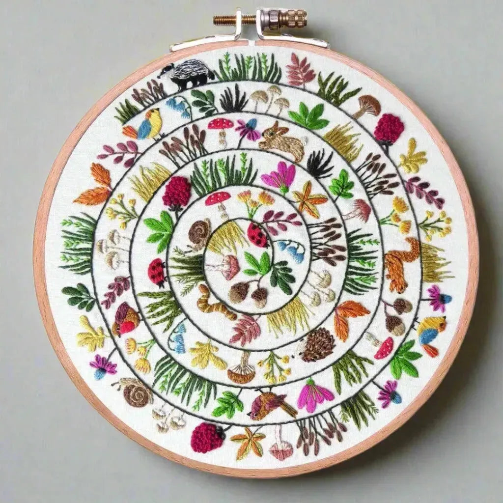 Round & Round the Woodland Hand Embroidery Kit , Embroidery Kit , StitchDoodles , embroidery hoop kit, Embroidery Kit, embroidery kit for adults, embroidery kit fro beginners, flower month pattern, hand embroidery, hand embroidery pattern, modern embroidery kits, Printed Pattern, wildlife embroidery, year of flowes , StitchDoodles , shop.stitchdoodles.com