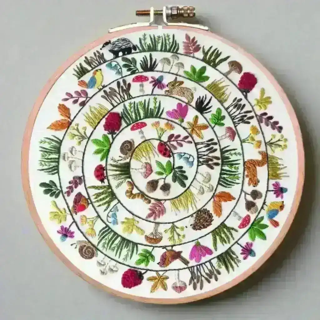 Round & Round the Woodland Hand Embroidery Kit , Embroidery Kit , StitchDoodles , embroidery hoop kit, Embroidery Kit, embroidery kit for adults, embroidery kit fro beginners, flower month pattern, hand embroidery, hand embroidery pattern, modern embroidery kits, Printed Pattern, wildlife embroidery, year of flowes , StitchDoodles , shop.stitchdoodles.com
