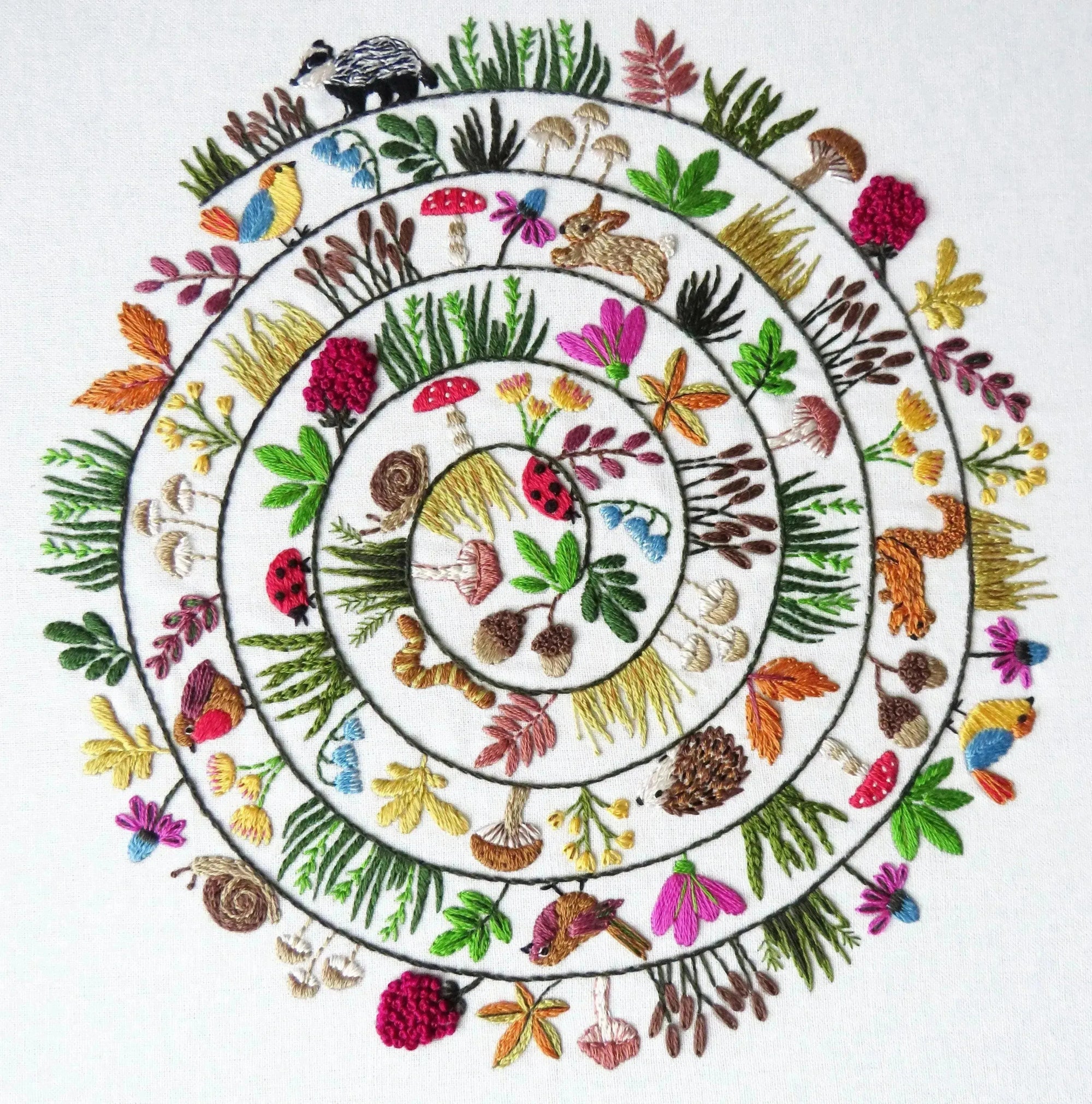 Round & Round the Woodland Hand Embroidery Kit , Embroidery Kit , StitchDoodles , embroidery hoop kit, Embroidery Kit, embroidery kit for adults, embroidery kit fro beginners, flower month pattern, hand embroidery, hand embroidery pattern, modern embroidery kits, Printed Pattern, wildlife embroidery, year of flowes , StitchDoodles , shop.stitchdoodles.com