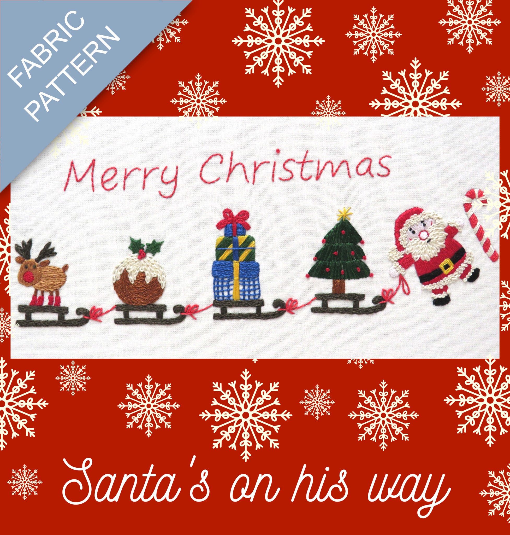 Fabric pattern with Christmas-themed design featuring Santa, reindeer, and snowflakes on a red background.