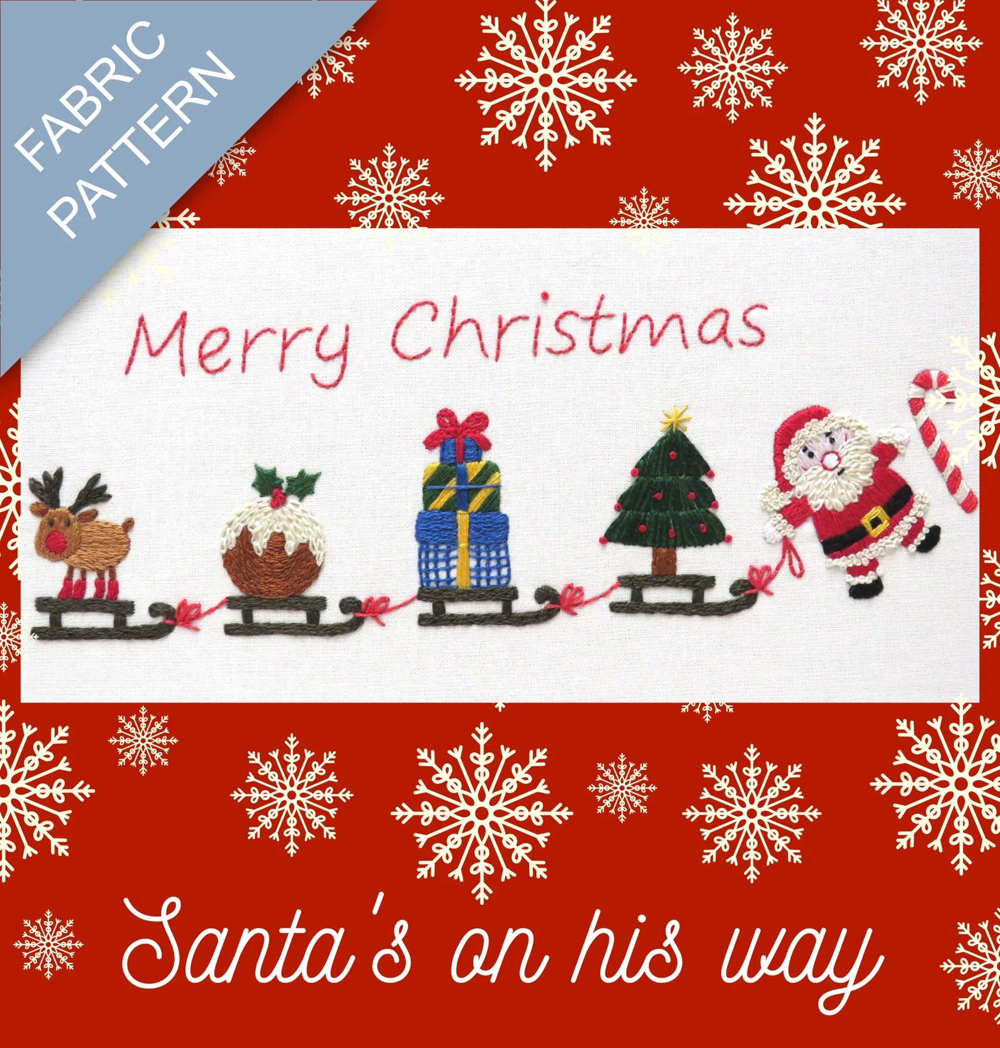 Fabric pattern with Christmas-themed design featuring Santa, reindeer, and snowflakes on a red background.