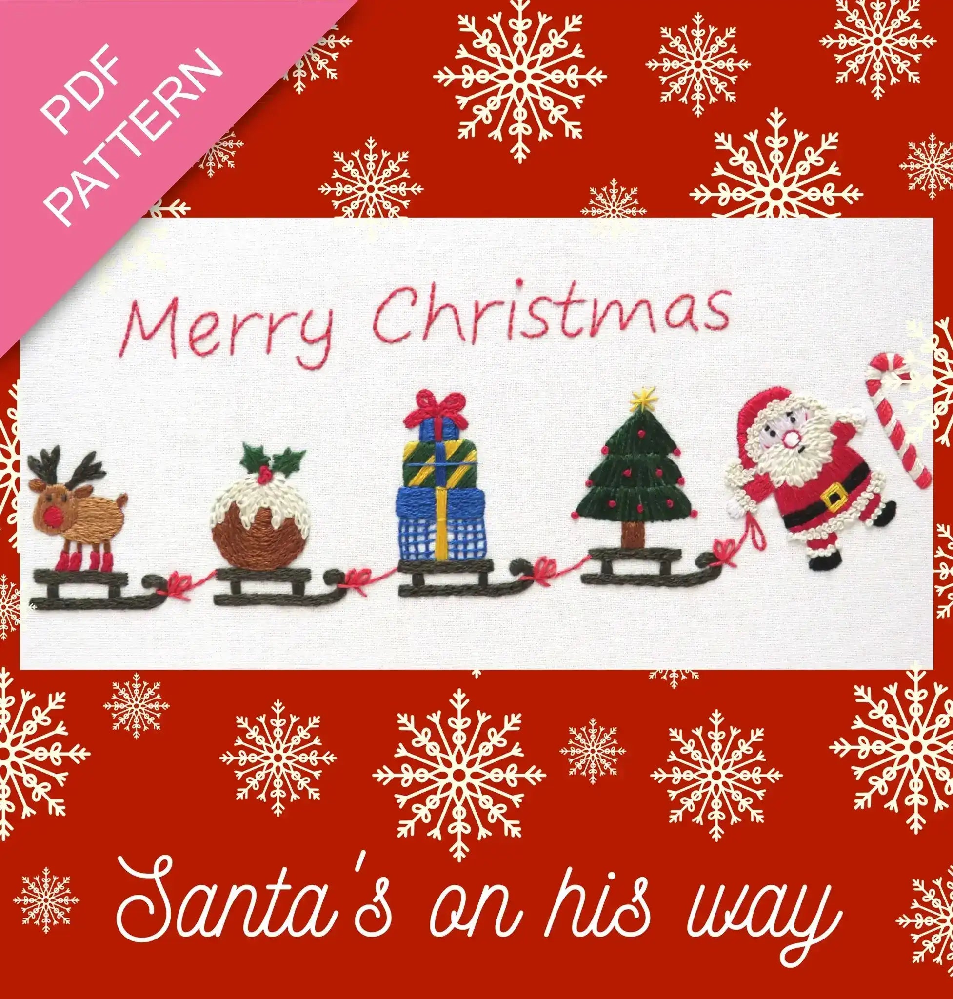 Christmas-themed design with Santa, reindeer, and tree on a red background with snowflakes.