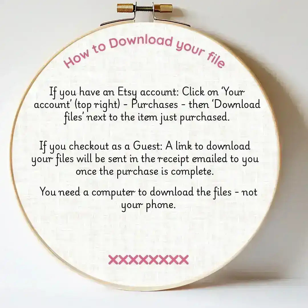 Embroidery hoop with text on how to download a file from Etsy