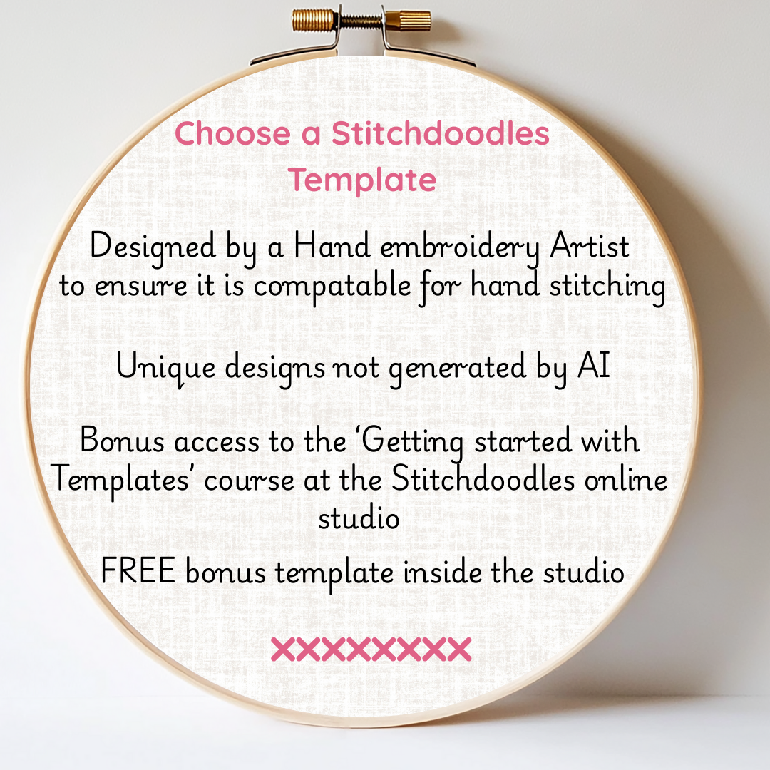 Embroidery hoop with text about Stitchdoodles templates on a white background