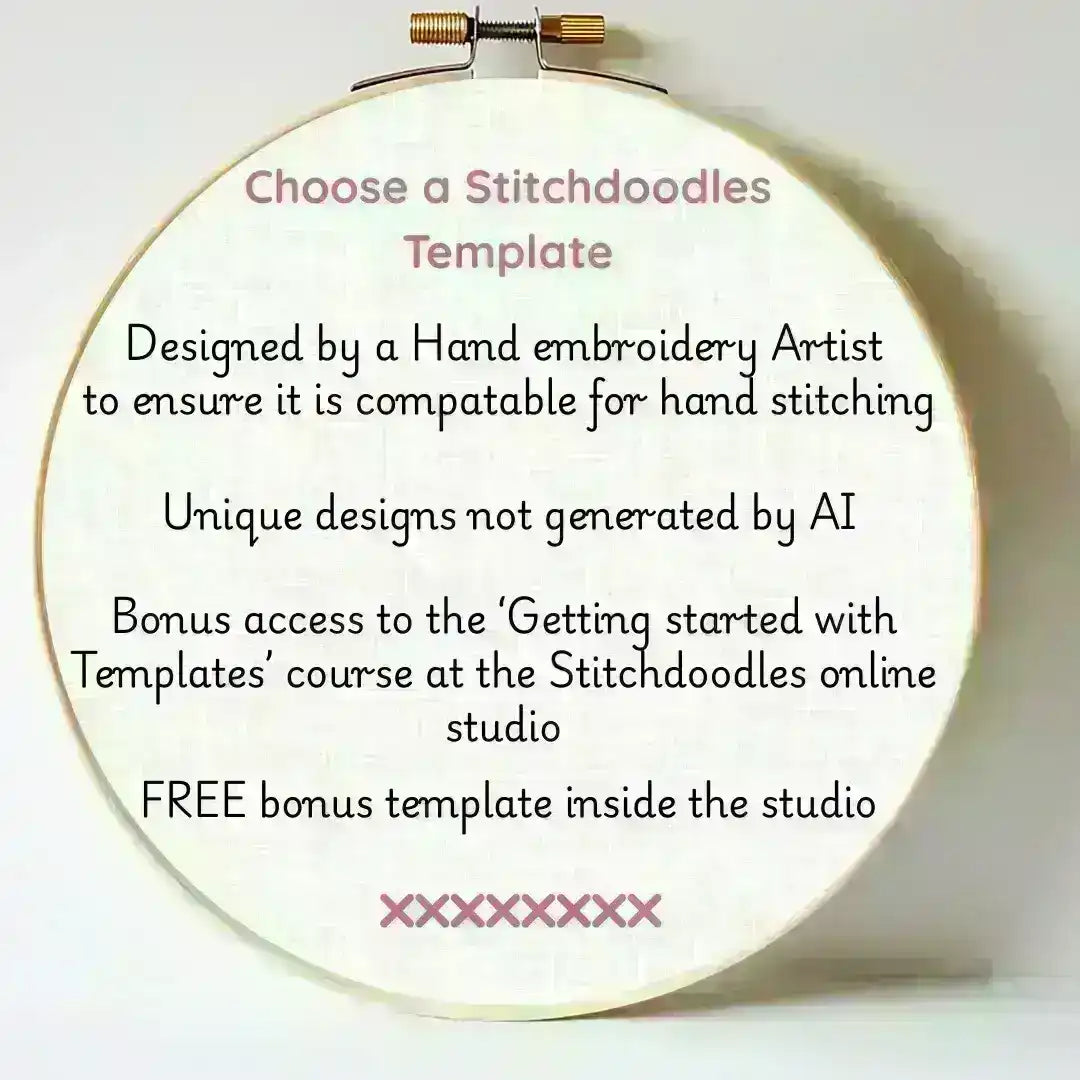 Embroidery hoop with text about Stitchdoodles templates on a white background