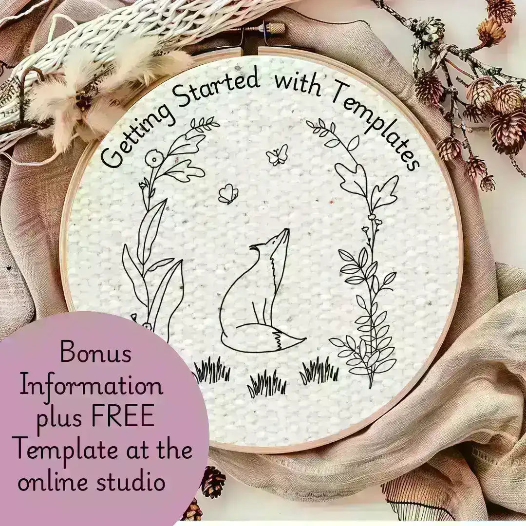 Embroidery hoop with fox design and text about templates and a free template offer.