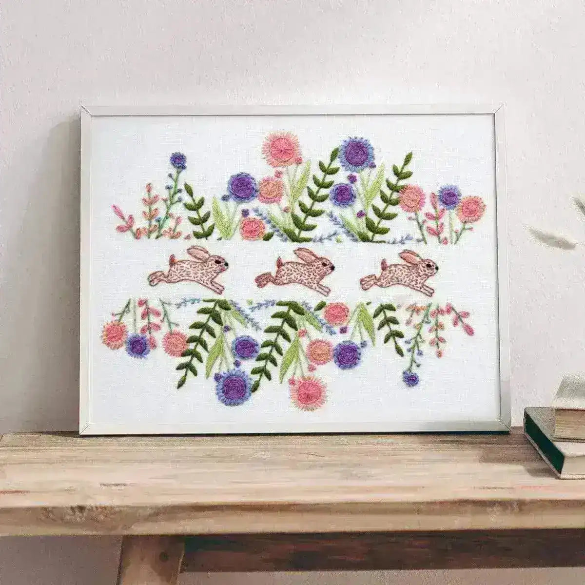 Spring Rabbits Pre Printed Hand Embroidery Fabric Panel , Pre Printed Fabric Pattern , StitchDoodles , embroidery hoop kit, embroidery kit for adults, embroidery kit for beginers, flowers, hand embroidery, hand embroidery pattern, pre printed fabric, rabbits , StitchDoodles , shop.stitchdoodles.com