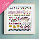 Framed cross-stitch pattern with floral and geometric designs on a teal background