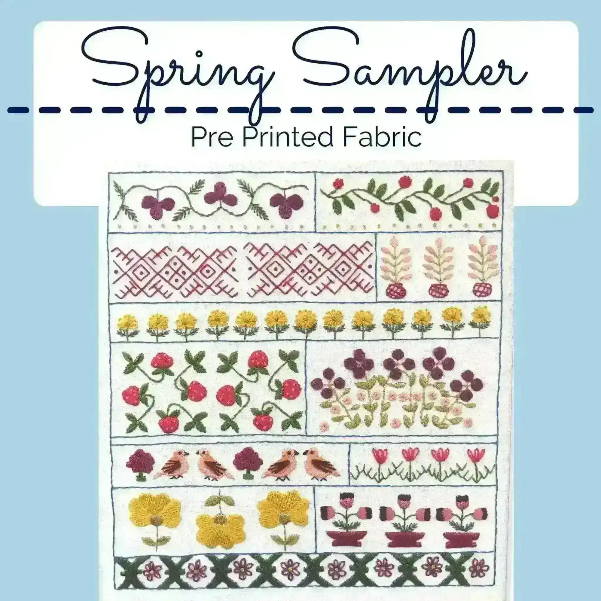 Spring Sampler, Pre Printed Embroidery Fabric Panel Pattern , Pre Printed Fabric Pattern , StitchDoodles , embroidery hoop kit, embroidery kit for adults, embroidery kit for beginers, hand embroidery, hand embroidery fabric, hand embroidery kit, PDF pattern , StitchDoodles , shop.stitchdoodles.com