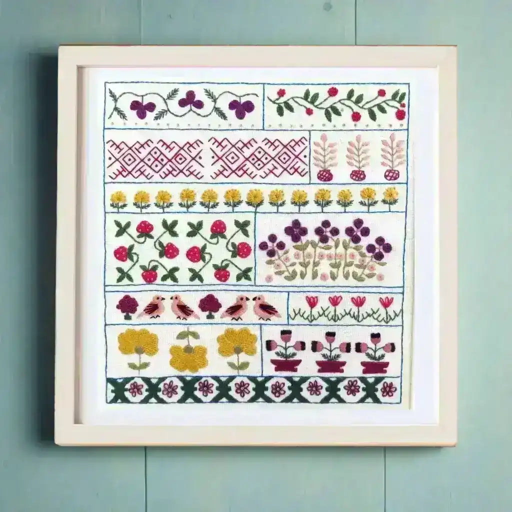 Spring Sampler, Pre Printed Embroidery Fabric Panel Pattern , Pre Printed Fabric Pattern , StitchDoodles , embroidery hoop kit, embroidery kit for adults, embroidery kit for beginers, hand embroidery, hand embroidery fabric, hand embroidery kit, PDF pattern , StitchDoodles , shop.stitchdoodles.com