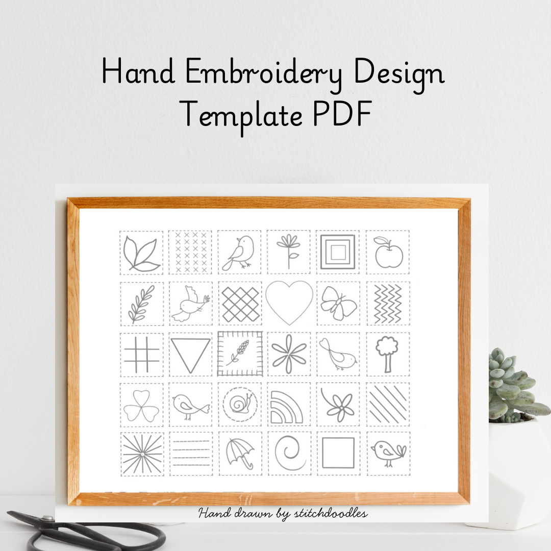 Hand embroidery design template PDF with a wooden frame on a light gray background