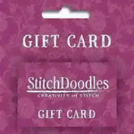 StitchDoodles gift card with floral pattern on a matching background