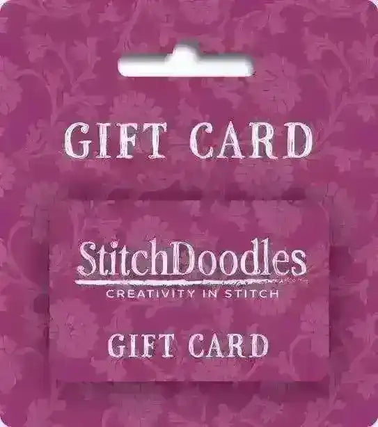 StitchDoodles gift card with floral pattern on a matching background