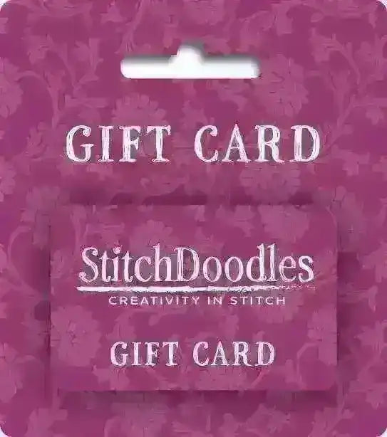 StitchDoodles gift card with floral pattern on a matching background