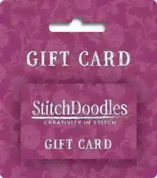 StitchDoodles gift card with floral pattern on a matching background