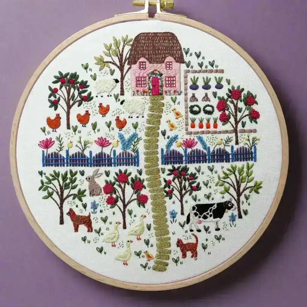 The Homestead, Pre Printed Embroidery Fabric Panel , Pre Printed Fabric Pattern , StitchDoodles , bird embroidery, Embroidery, embroidery hoop, embroidery hoop kit, embroidery kits for beginners, embroidery pattern, garden embroidery, hand embroidery, hand embroidery fabric, hand embroidery kit, hand embroidery seat frame, nurge embroidery hoop, PDF pattern, Printed Pattern, unique embroidery kits , StitchDoodles , shop.stitchdoodles.com