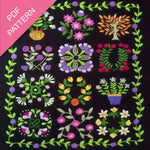 Embroidery patterns on a dark background with 'PDF Pattern' text.