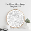 Hand embroidery design template PDF with floral patterns in an embroidery hoop on a white background.
