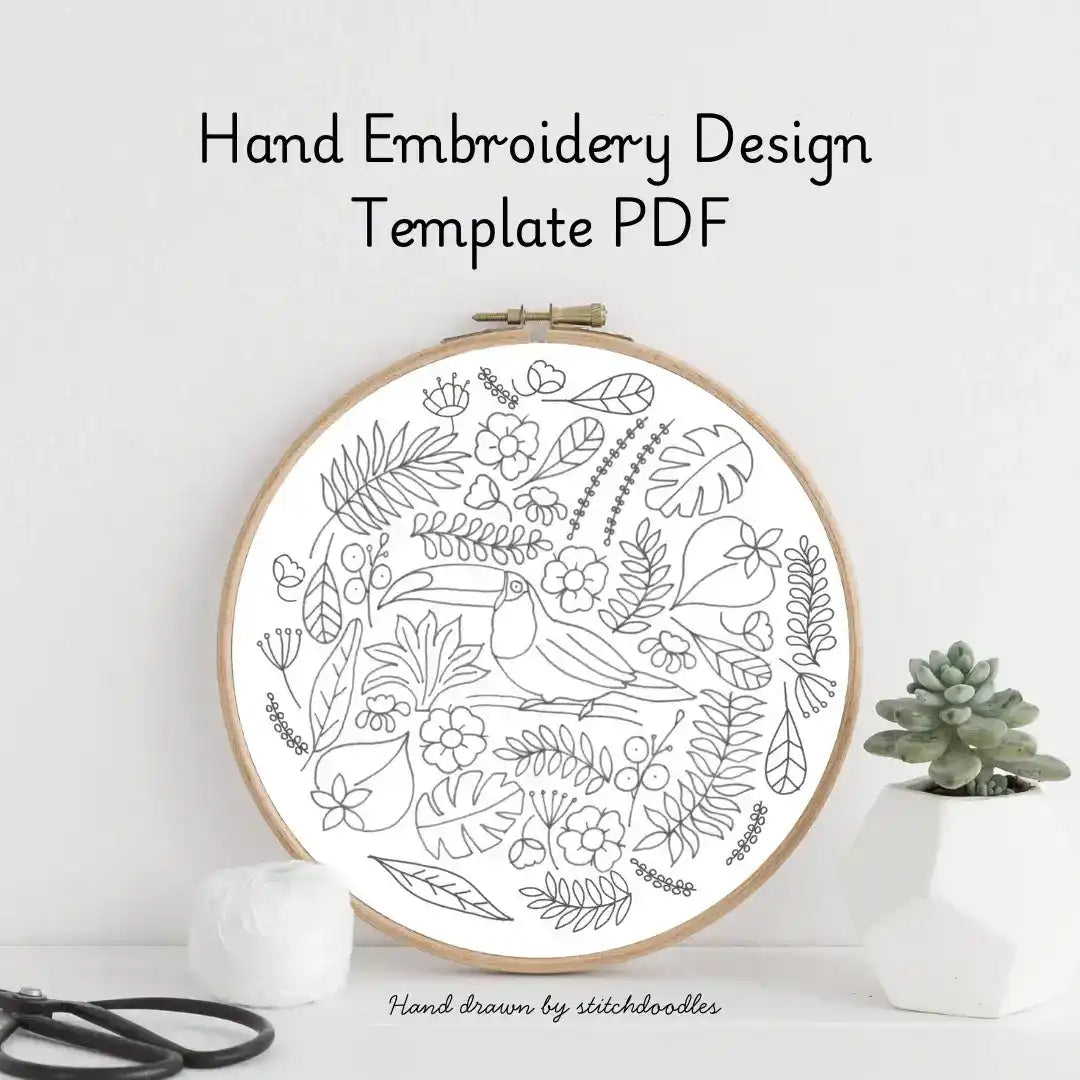 Hand embroidery design template PDF with floral patterns in an embroidery hoop on a white background.
