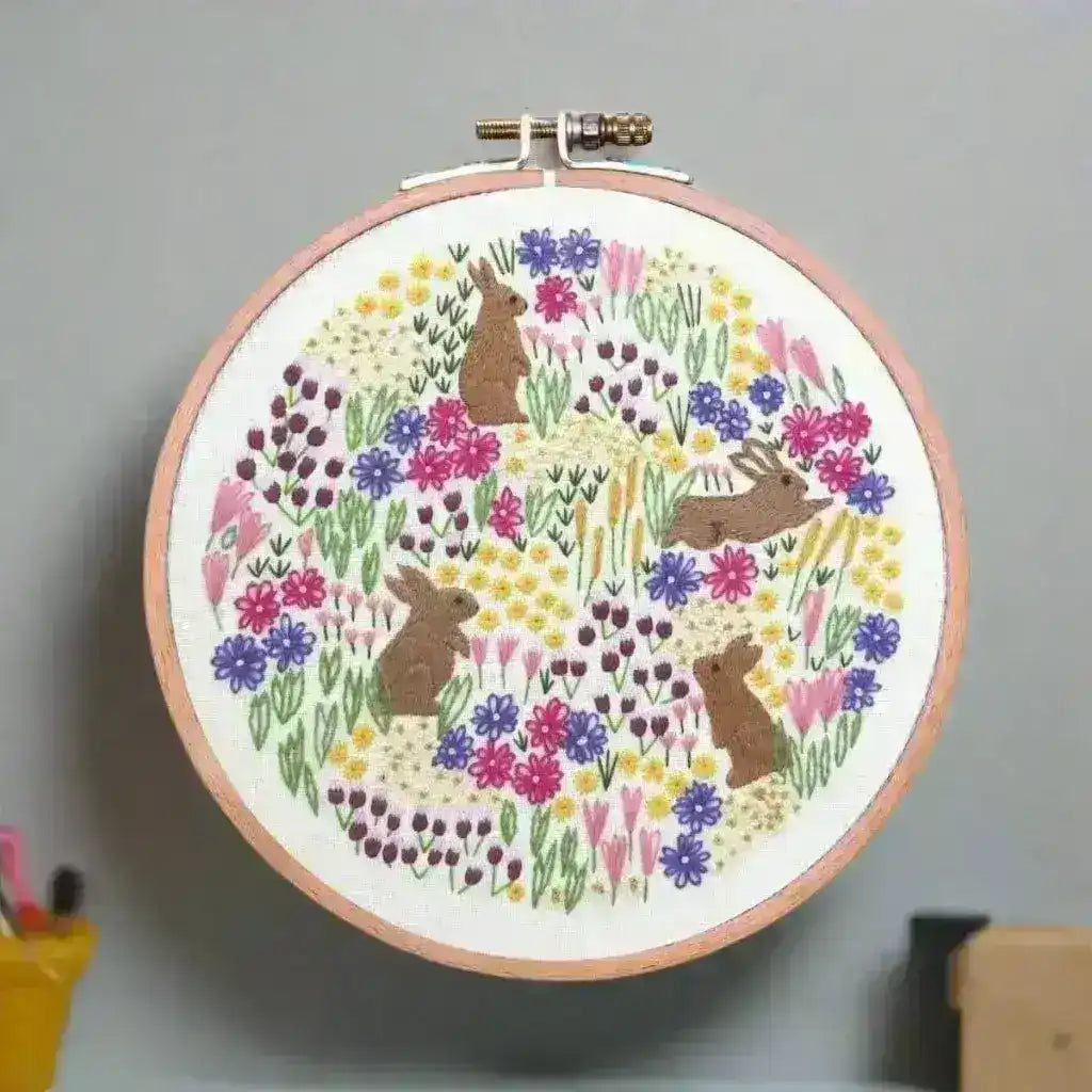 Wild Flowers and Rabbits, Pre Printed Embroidery Fabric Panel PLUS PDF Pattern , Pre Printed Fabric Pattern , StitchDoodles , embroidery hoop kit, Embroidery Kit, embroidery kit for adults, embroidery kit for beginners, embroidery kits for adults, embroidery kits for beginers, hand embroidery, hand embroidery fabric, modern embroidery kits , StitchDoodles , shop.stitchdoodles.com