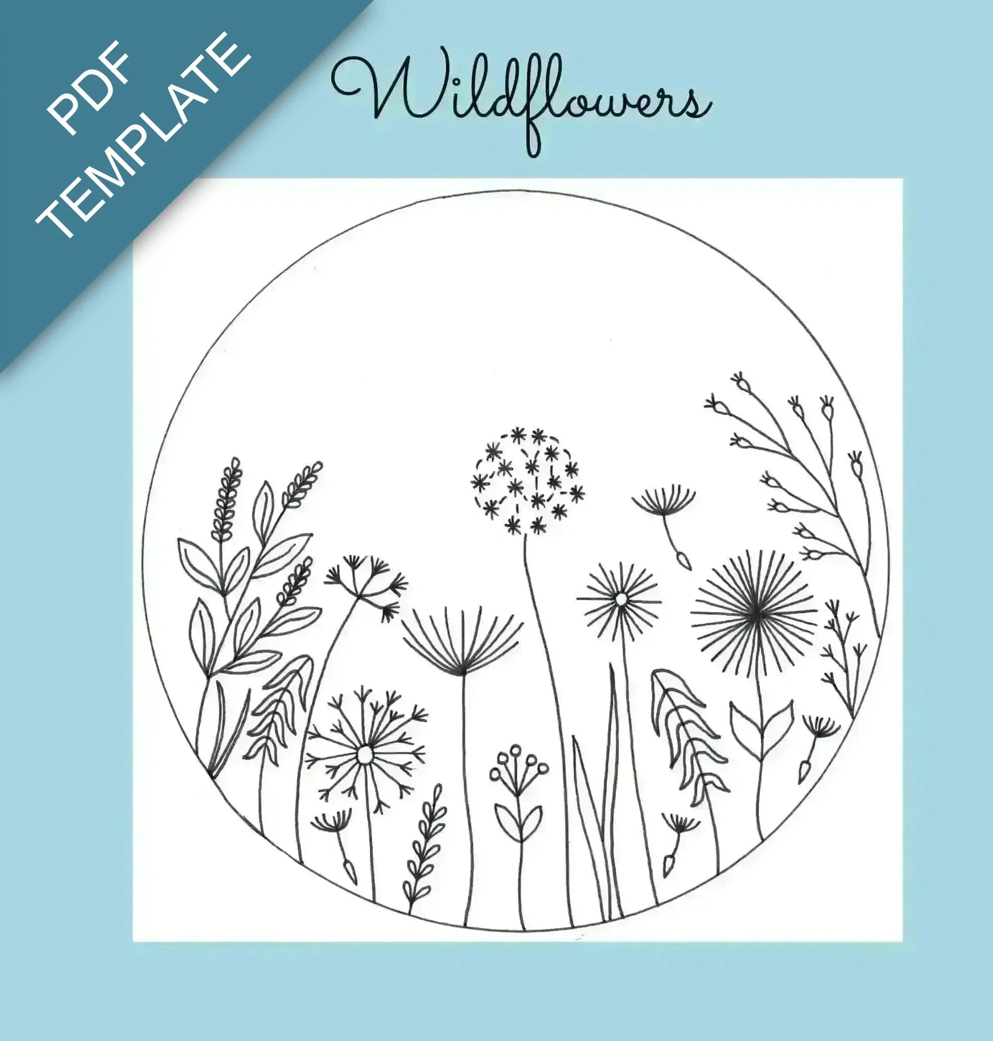 Circular template with line drawings of wildflowers on a blue background