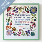 Fabric pattern with colorful flowers and a quote by William Morris on a white background