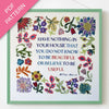 Decorative card with floral patterns and a quote by William Morris, featuring a PDF pattern label.