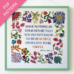 Decorative card with floral patterns and a quote by William Morris, featuring a PDF pattern label.