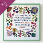 Decorative card with floral designs and a quote by William Morris on a white background.