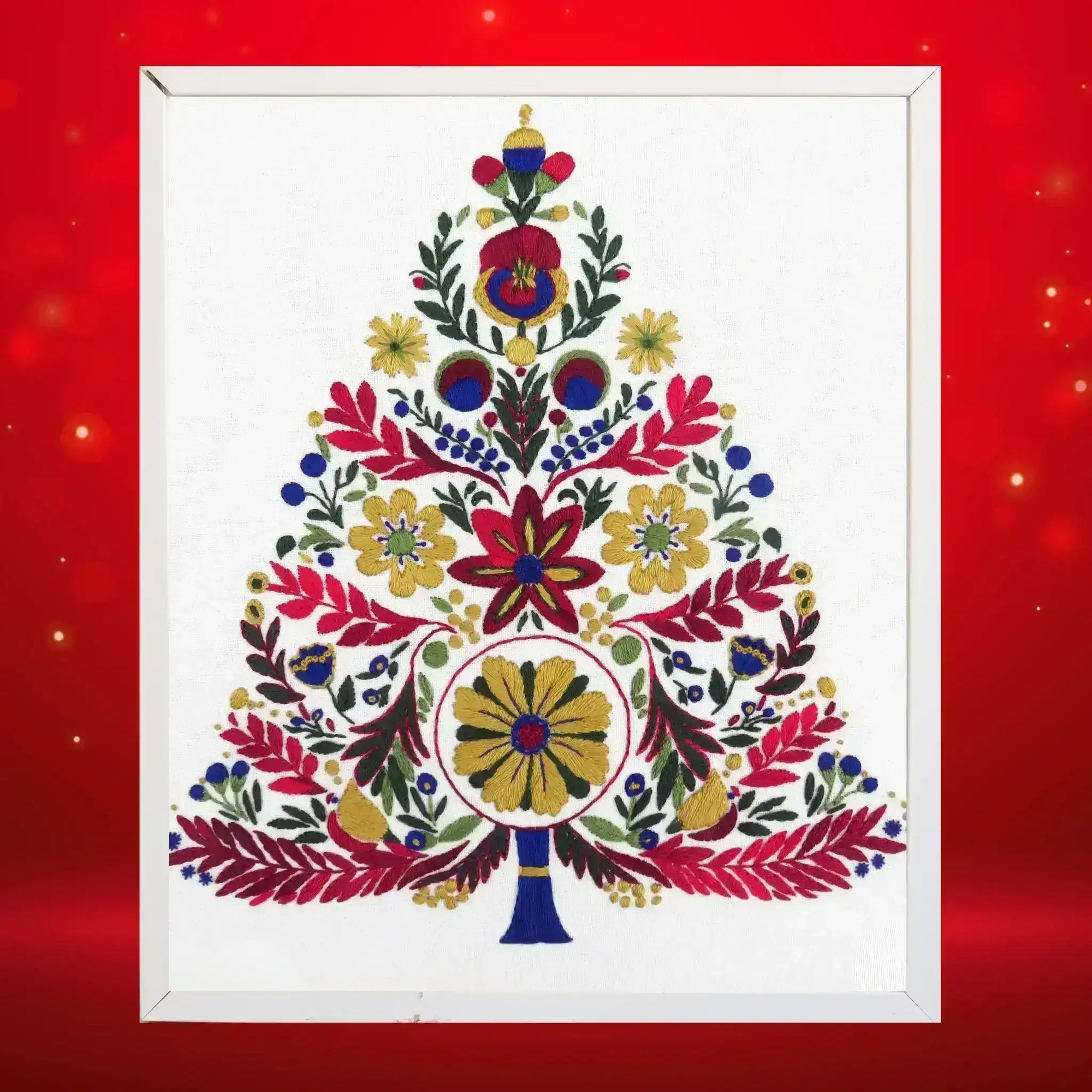Decorative floral design in a white frame on a red background