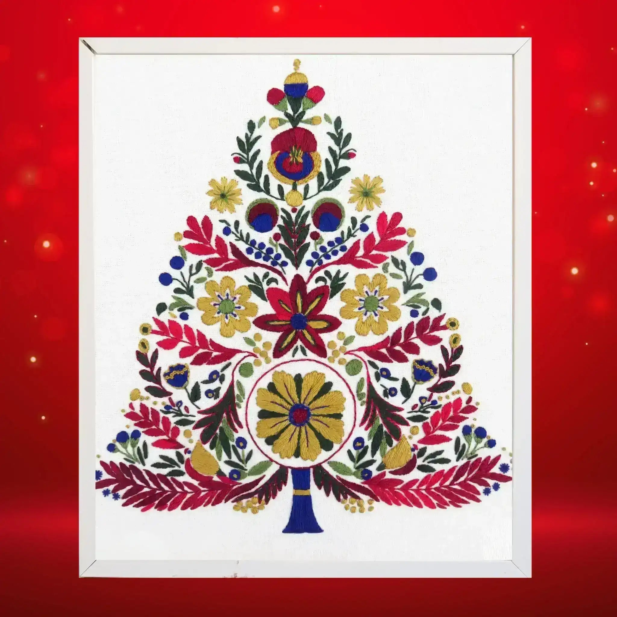 Decorative floral design in a white frame on a red background