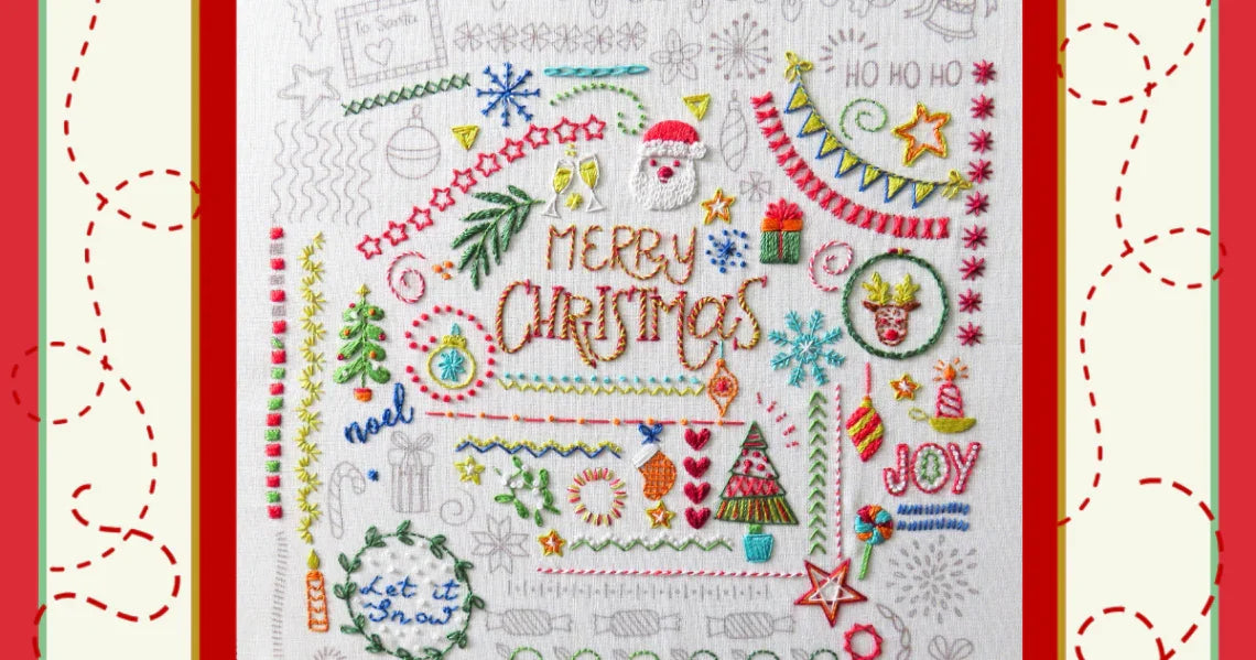 Festive hand embroidery pattern with Merry Christmas designs, snowflakes, and holiday motifs