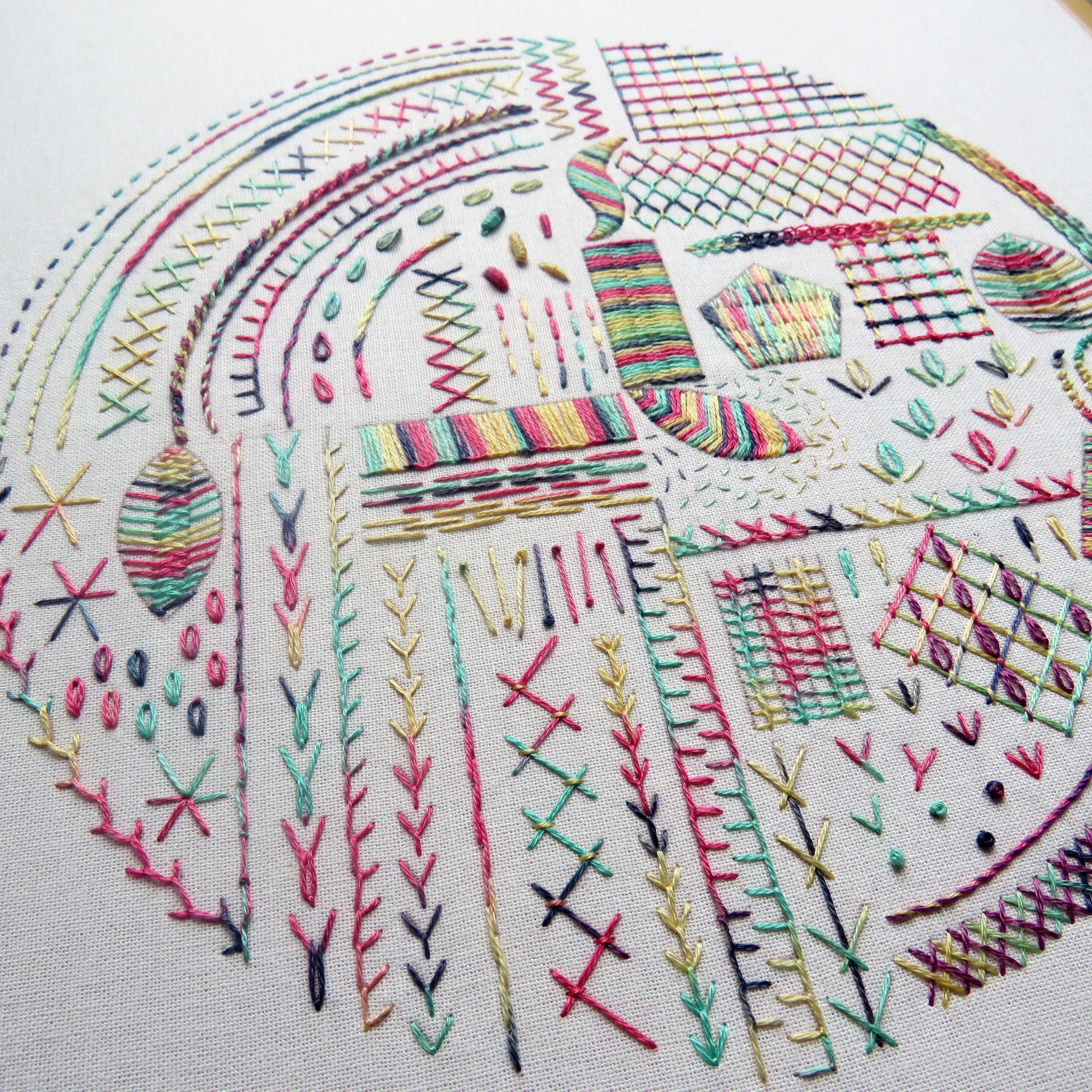 Colorful embroidered design on fabric with various patterns