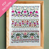 Embroidery pattern with floral designs and letters framed on a green background