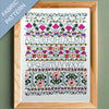 Framed fabric pattern with floral and geometric design on a green background