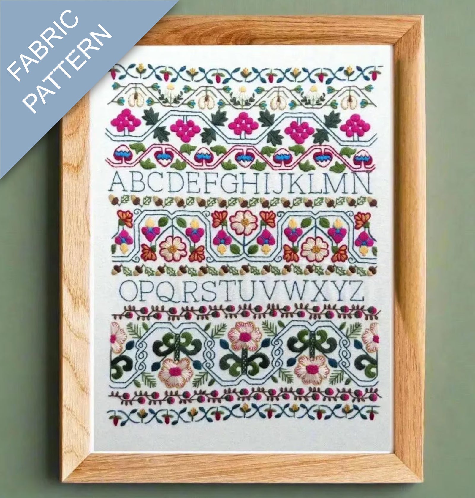 Framed fabric pattern with floral and geometric design on a green background