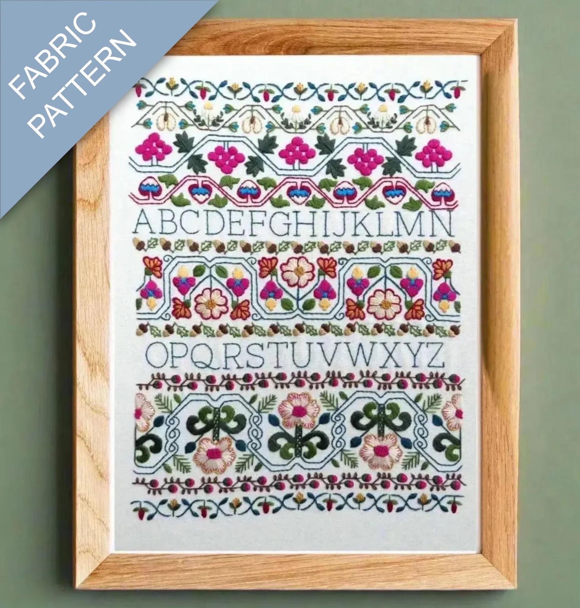 Framed fabric pattern with floral and geometric design on a green background
