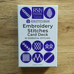 Embroidery Stitches Card Deck packaging with RSN logo on a wooden surface