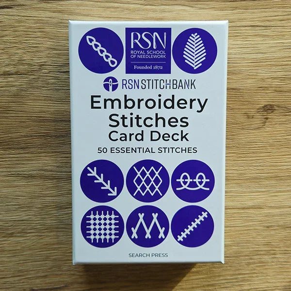 Embroidery Stitches Card Deck packaging with RSN logo on a wooden surface