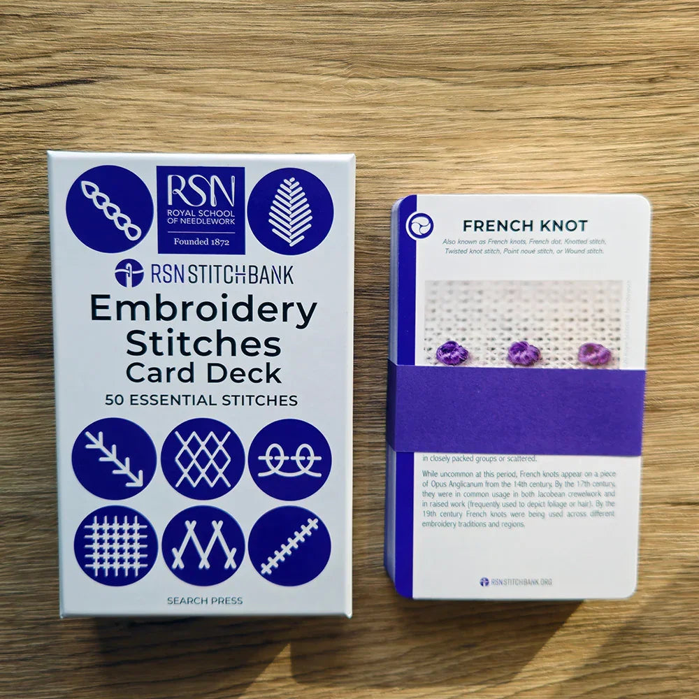 Embroidery stitches card deck with packaging on a wooden surface