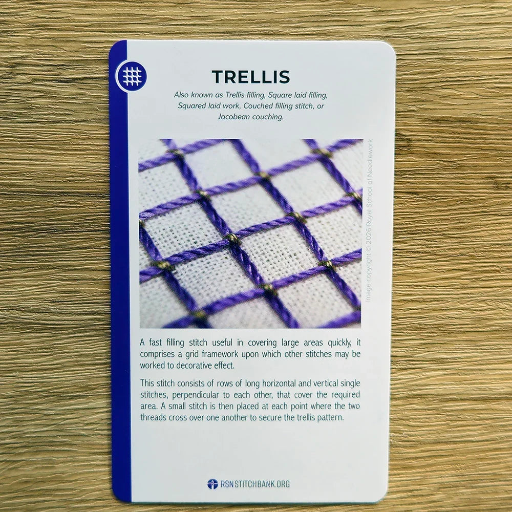 Card with embroidery stitch information on a wooden surface