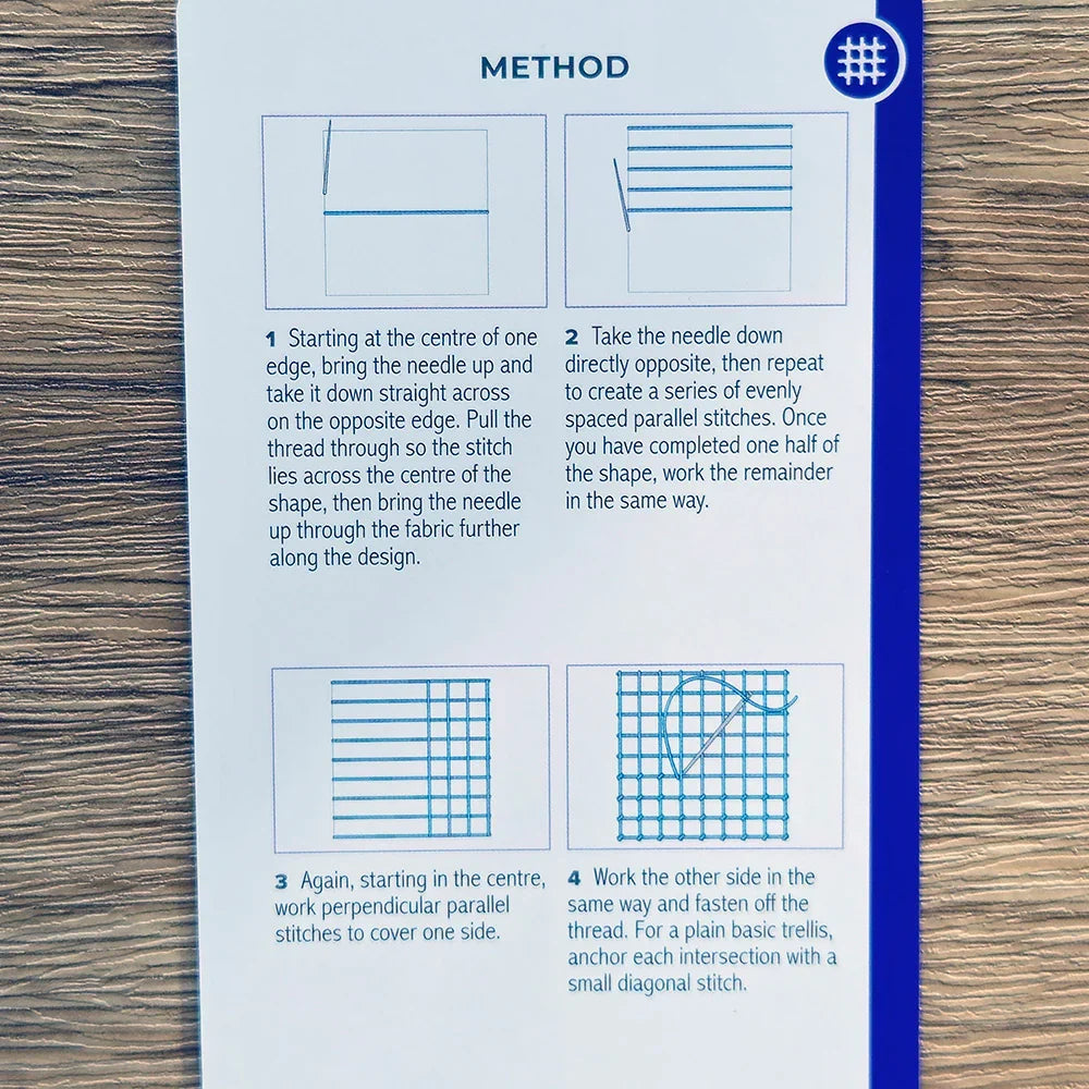Textile pattern instruction sheet with diagrams and text on a fabric background