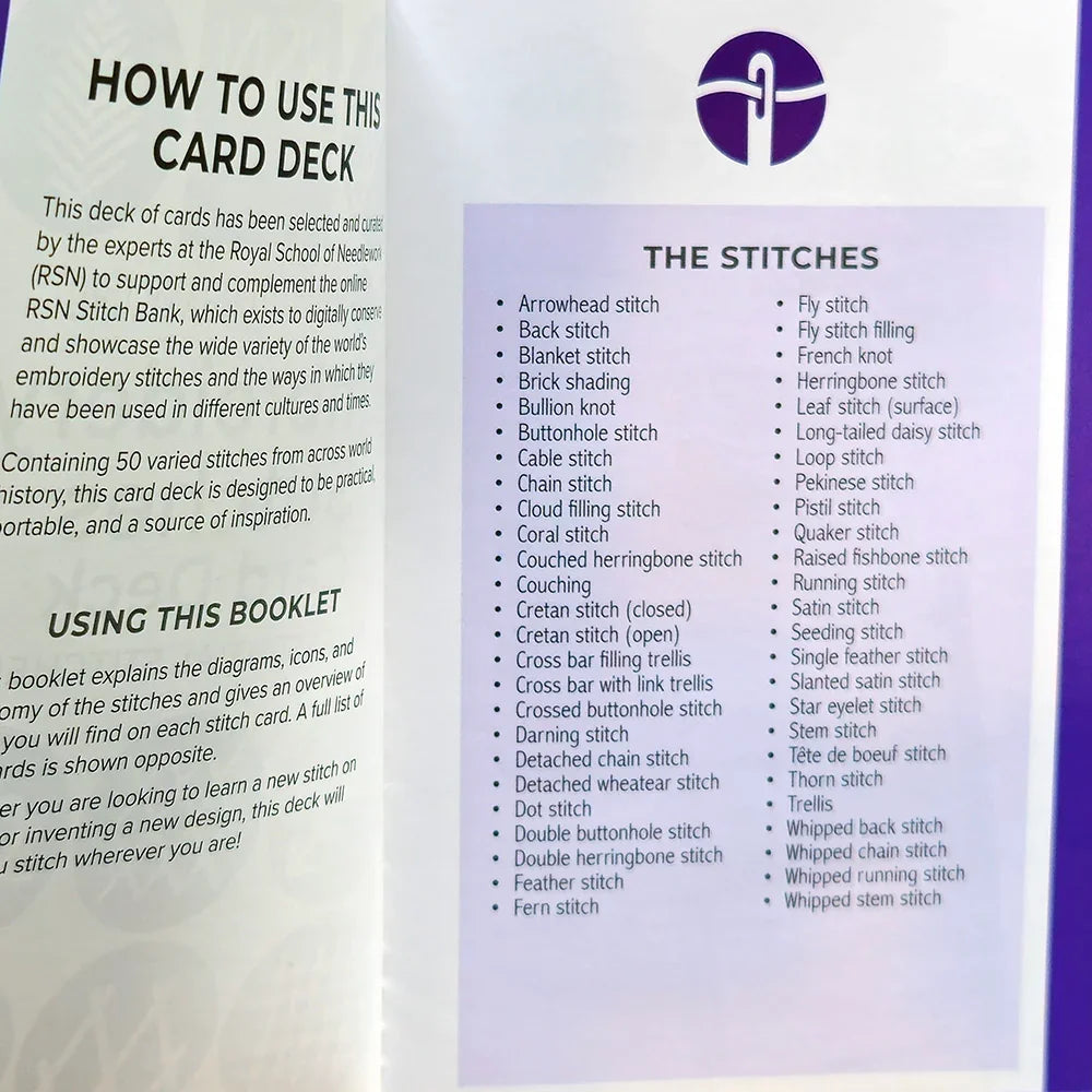 Card deck booklet with instructions and stitch list on a white background