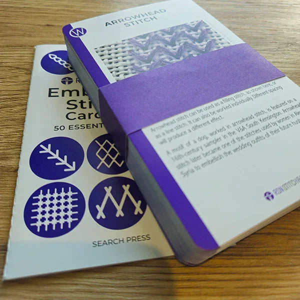 Two books on embroidery stitches on a wooden surface