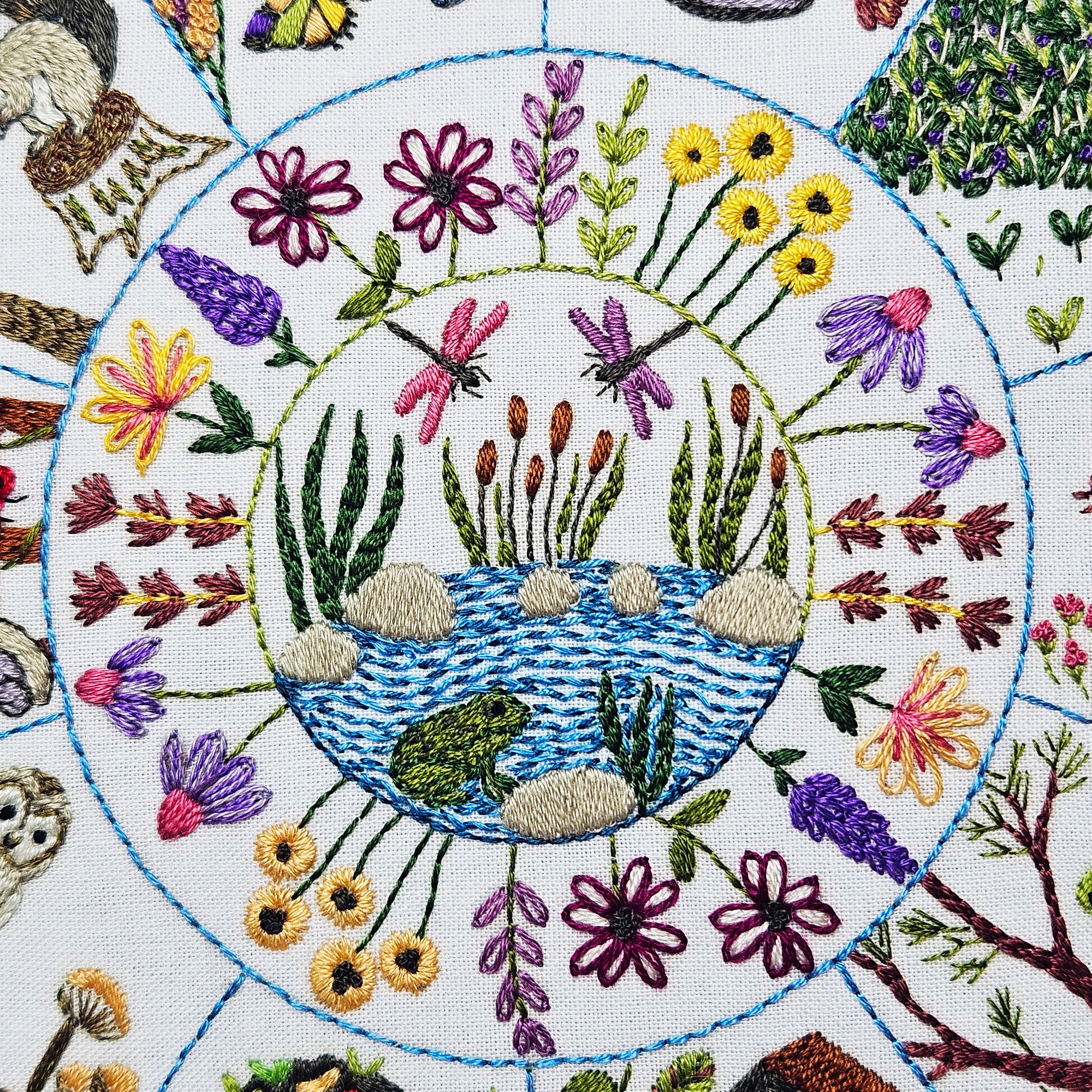 Embroidered design of a pond with flowers and insects on a circular pattern.